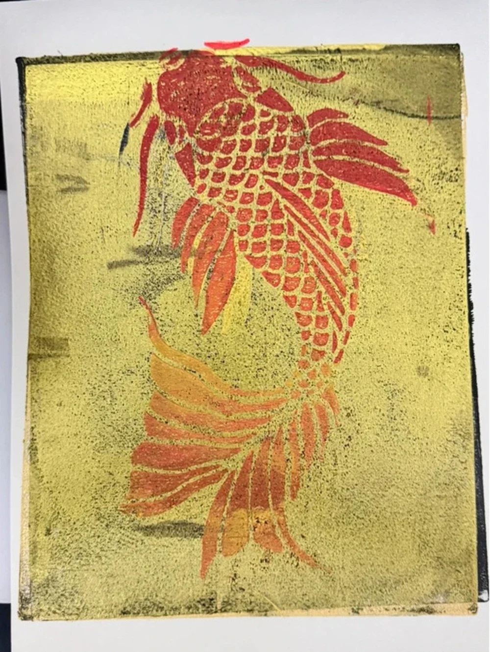 Abstract Red Fish Gel Plate Print 9x12 Original Aquatic Art Gift for Her